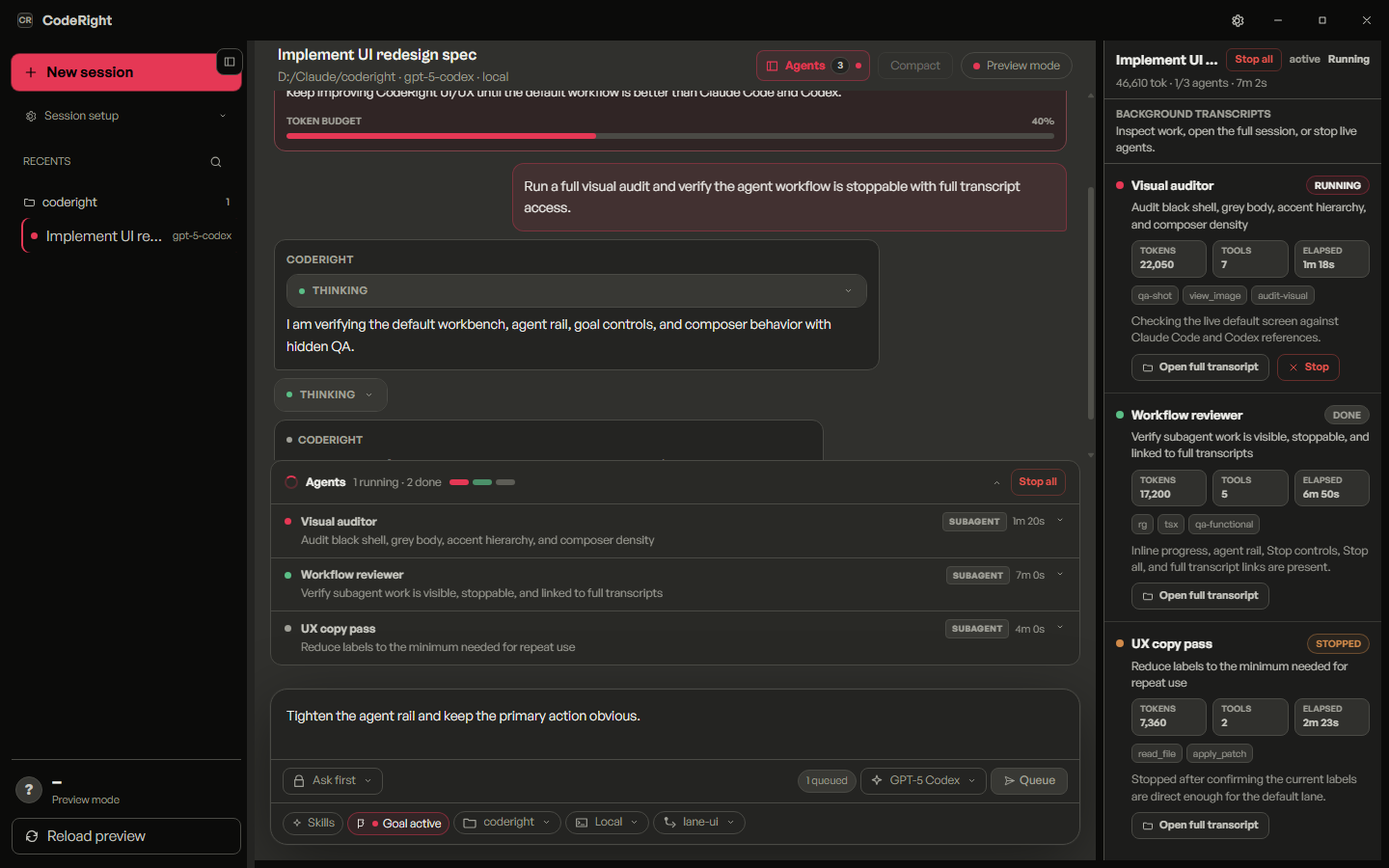 CodeRight desktop workbench showing coding agents and completion evidence