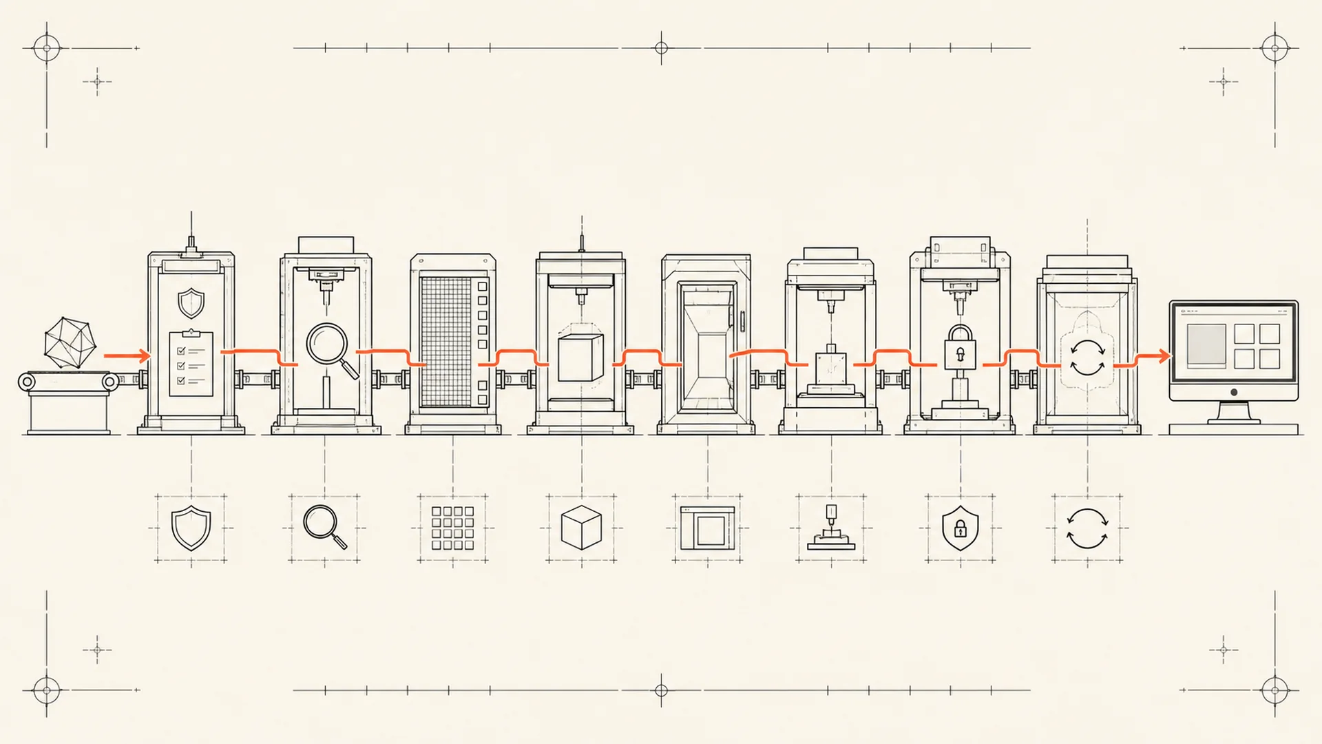 An AI model component moving through evaluation, optimization, runtime, interface and signing stages into a desktop application