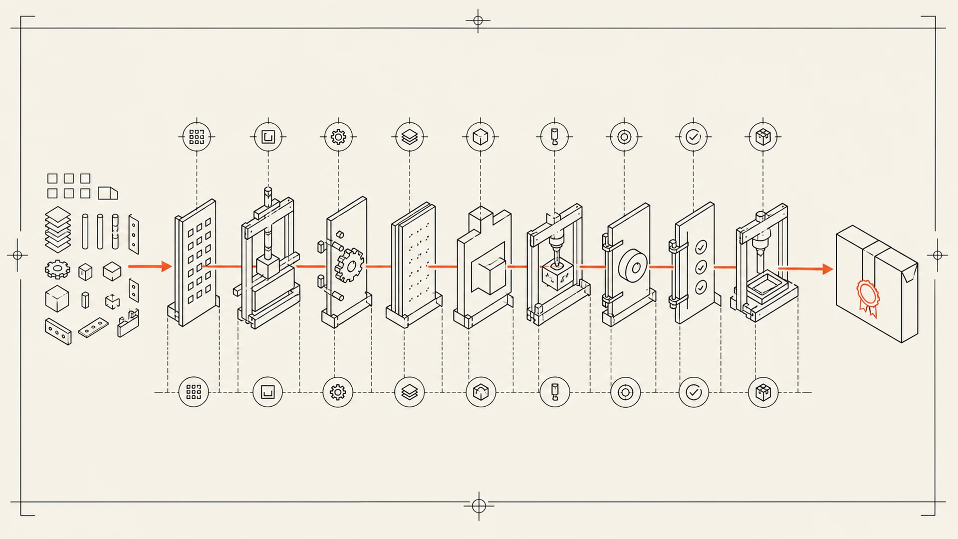 A technical drawing showing source code entering a production line and a signed desktop app leaving it